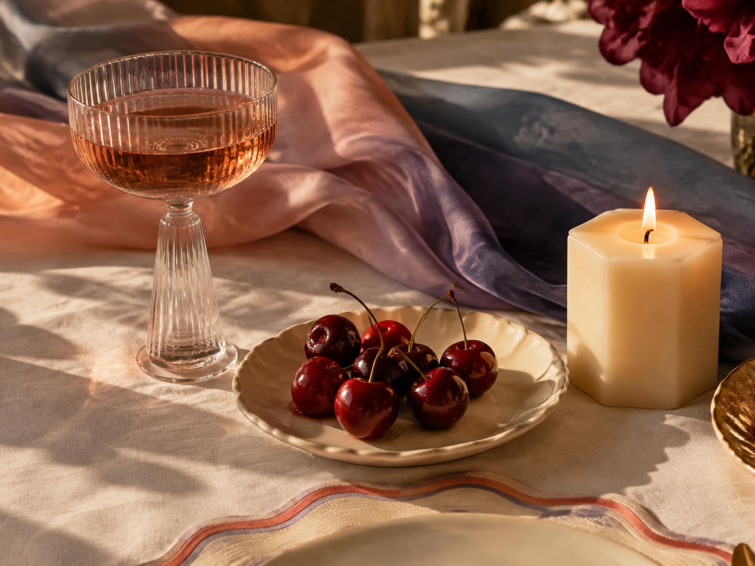 A glimpse of Harbour Sunsets: candlelight, cherries and a ribbed wine glass against peach, lilac and harbour-blue fabric