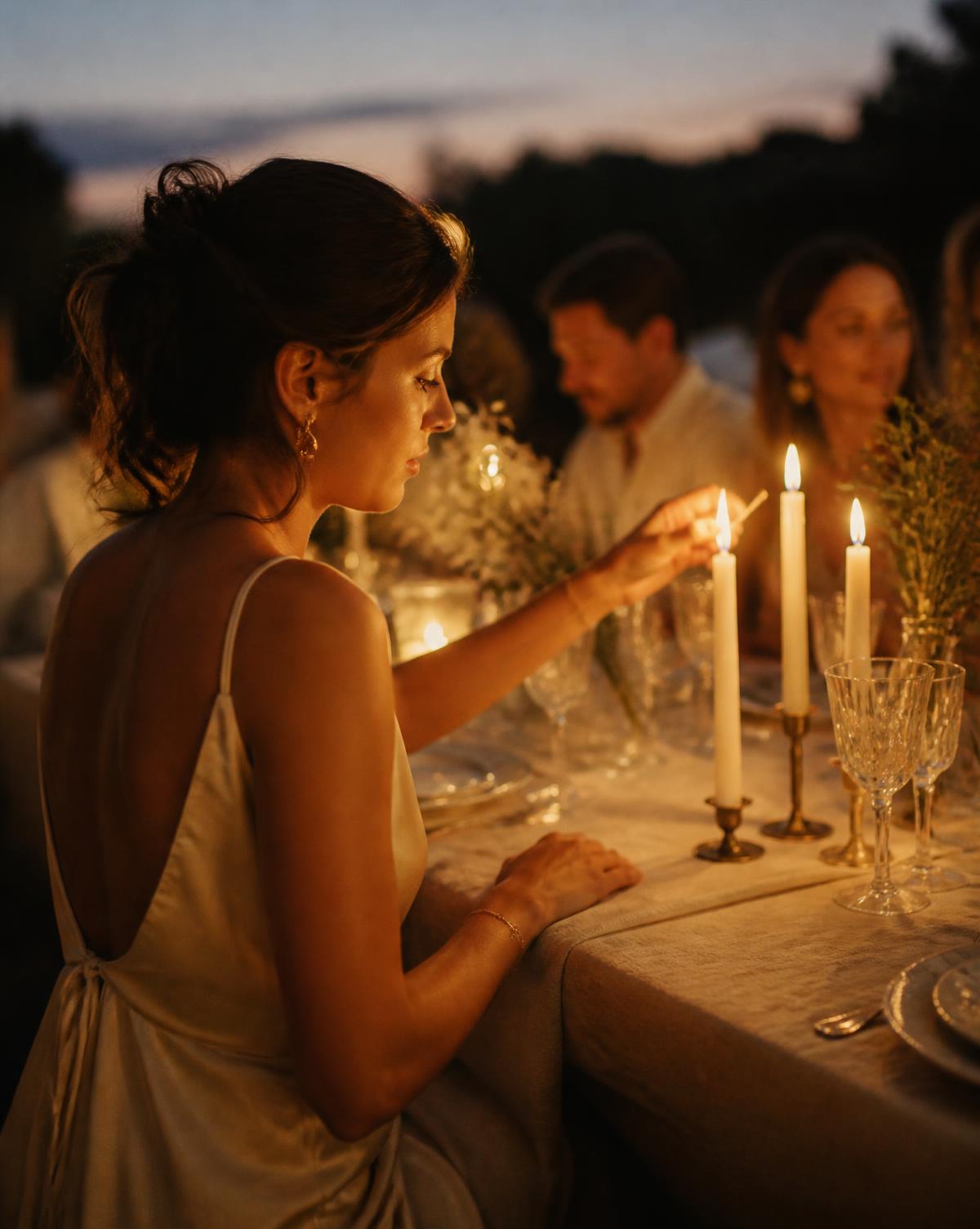 A woman lighting taper candles at a dusk dinner table